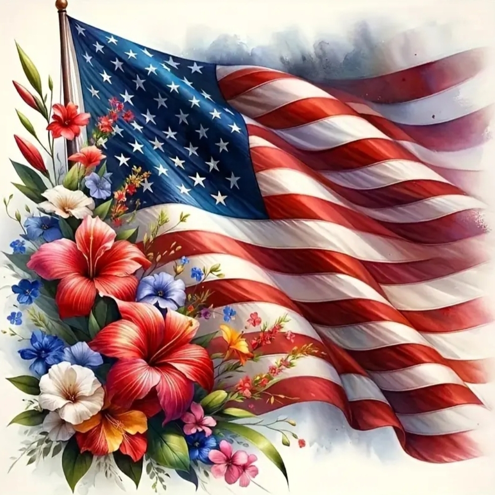 5D DIY Diamond Art Kit American Flag with Floral Design